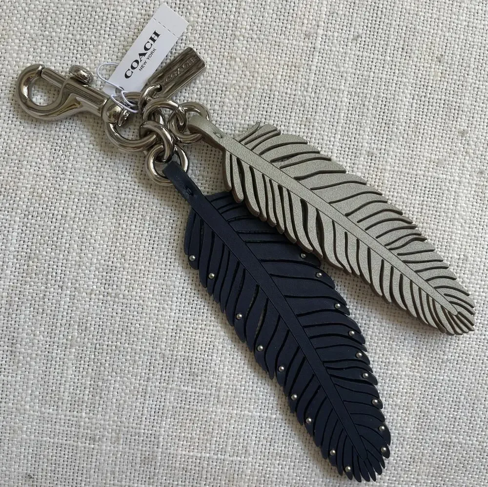 Rare Coach Multi Feather Leather Bag Charm Navy Silver Studded NWT